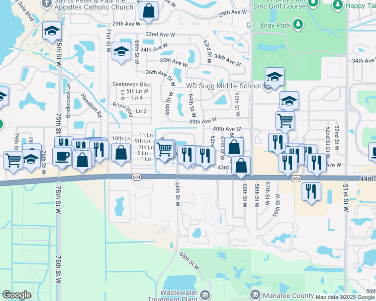 map of restaurants, bars, coffee shops, grocery stores, and more near 4170 66th Street Circle West in Bradenton