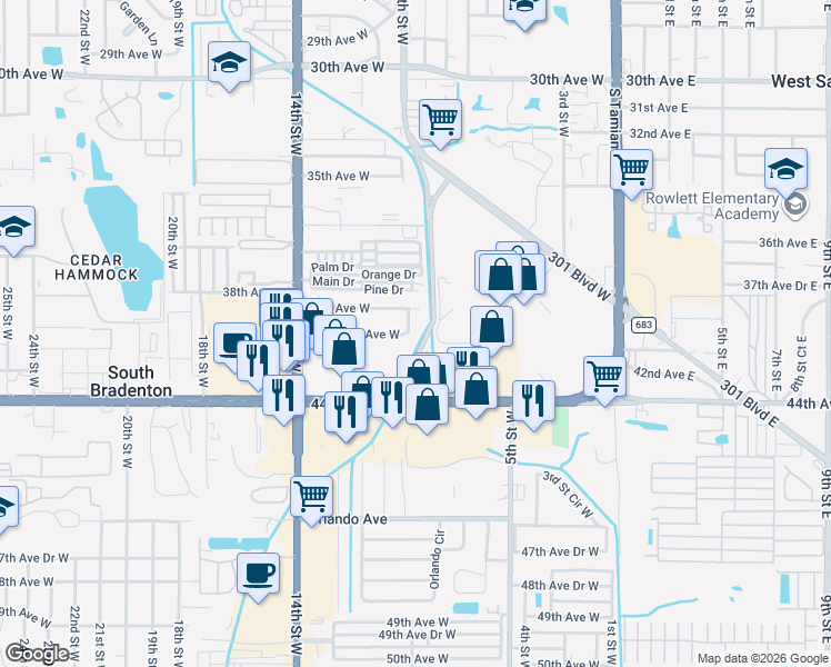 map of restaurants, bars, coffee shops, grocery stores, and more near 3919 9th Street Court West in Bradenton