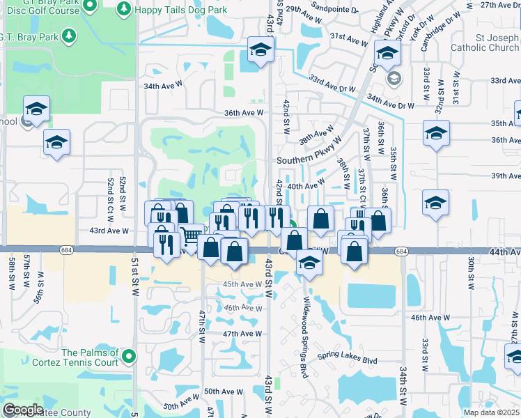 map of restaurants, bars, coffee shops, grocery stores, and more near 4220 Pinebrook Circle in Bradenton