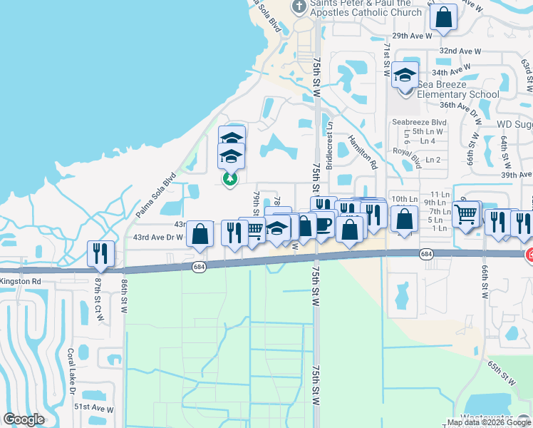 map of restaurants, bars, coffee shops, grocery stores, and more near 4114 78th Street West in Bradenton