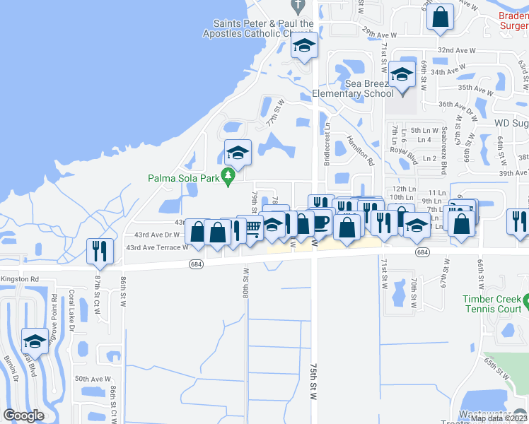 map of restaurants, bars, coffee shops, grocery stores, and more near 4114 78th Street West in Bradenton