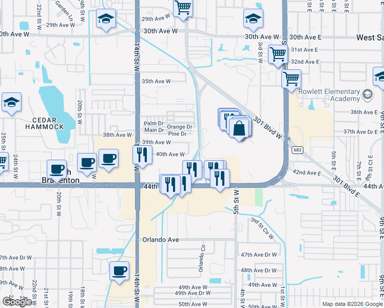 map of restaurants, bars, coffee shops, grocery stores, and more near 3919 9th Street Court West in Bradenton