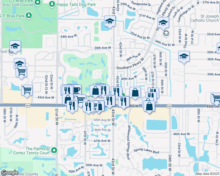 map of restaurants, bars, coffee shops, grocery stores, and more near 4220 Pinebrook Circle in Bradenton