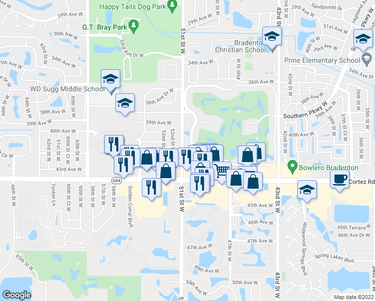 map of restaurants, bars, coffee shops, grocery stores, and more near 4108 51st Street West in Bradenton