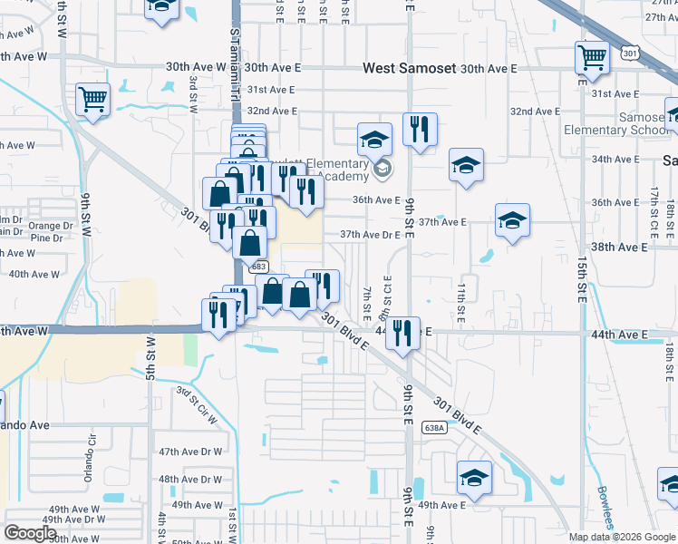 map of restaurants, bars, coffee shops, grocery stores, and more near 3911 5th Street East in Bradenton
