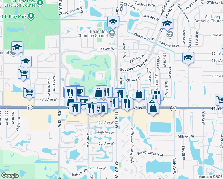 map of restaurants, bars, coffee shops, grocery stores, and more near 4220 Pinebrook Circle in Bradenton
