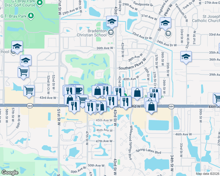 map of restaurants, bars, coffee shops, grocery stores, and more near 4220 Pinebrook Circle in Bradenton