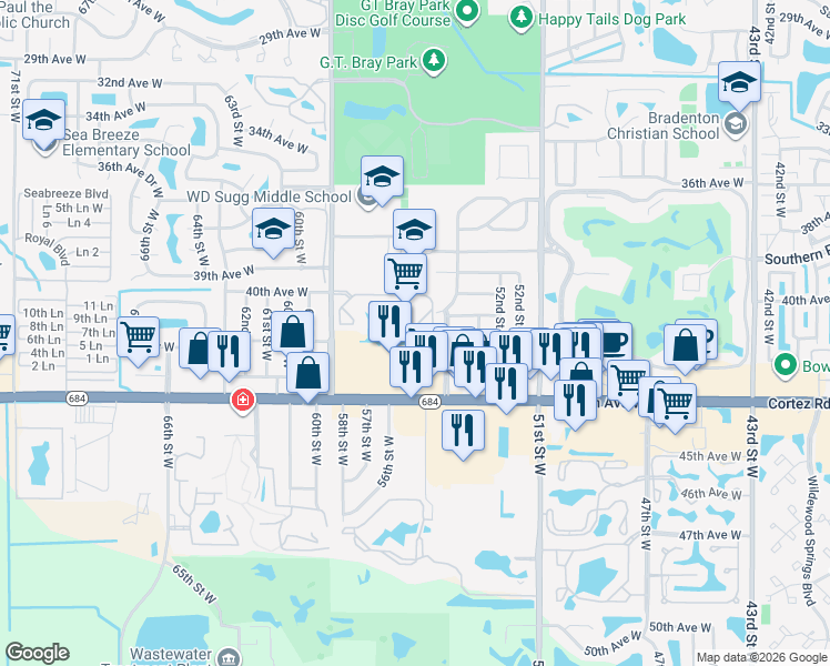 map of restaurants, bars, coffee shops, grocery stores, and more near 5519 Fishermans Drive in Bradenton