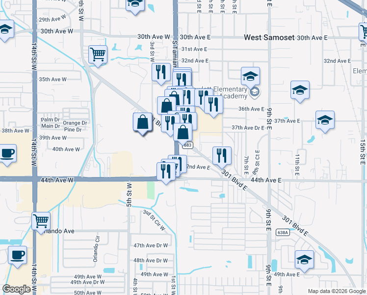 map of restaurants, bars, coffee shops, grocery stores, and more near 4001 U.S. 41 in Bradenton