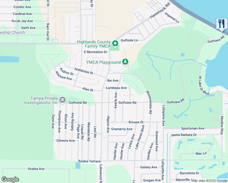 map of restaurants, bars, coffee shops, grocery stores, and more near 3707 Kearly Avenue in Sebring
