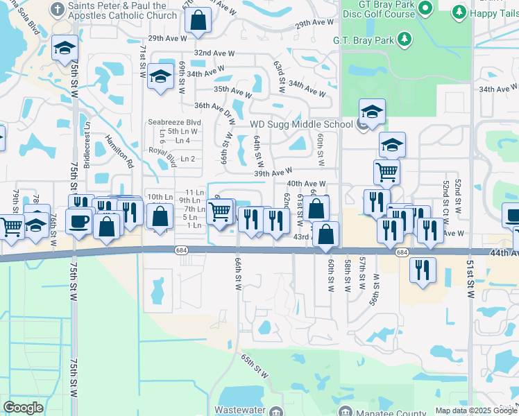 map of restaurants, bars, coffee shops, grocery stores, and more near 4170 66th Street Circle West in Bradenton