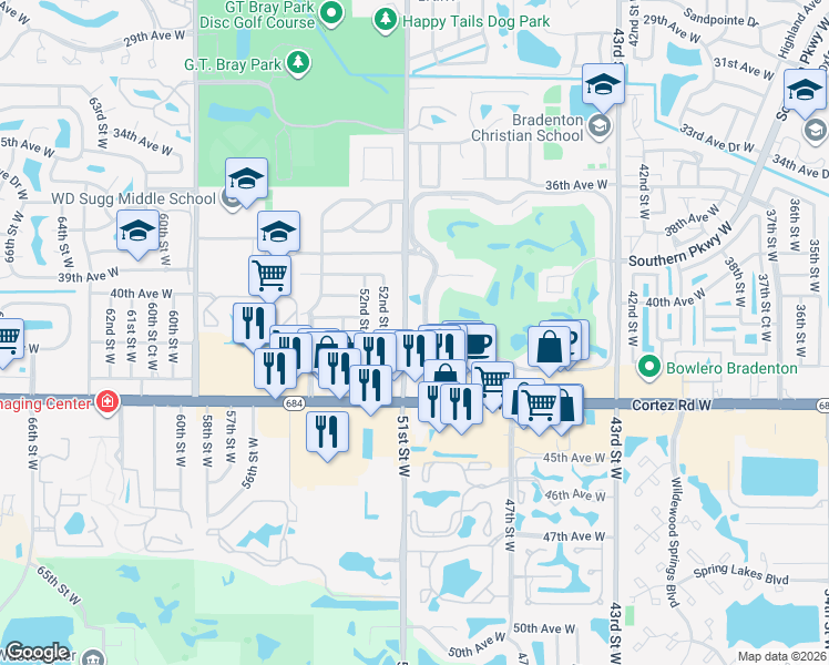map of restaurants, bars, coffee shops, grocery stores, and more near 4108 51st Street West in Bradenton