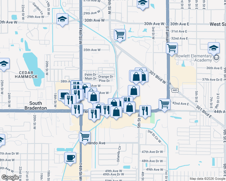 map of restaurants, bars, coffee shops, grocery stores, and more near 3919 9th Street Court West in Bradenton