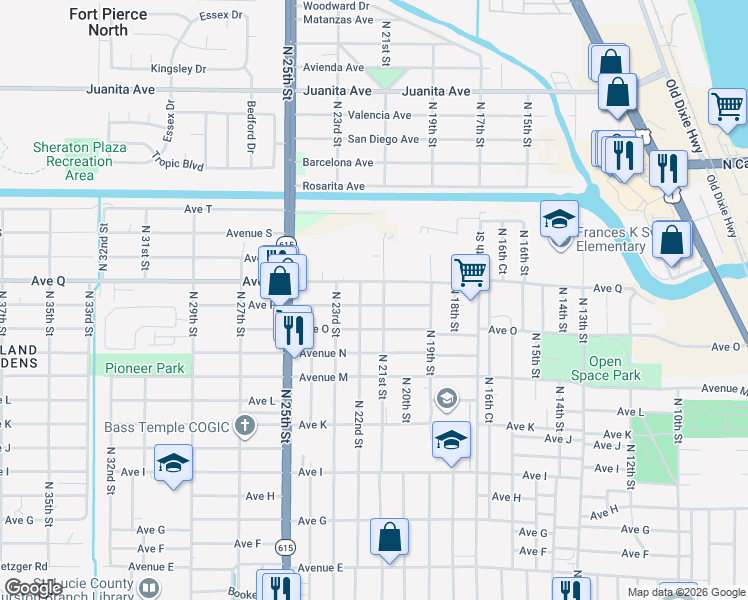 map of restaurants, bars, coffee shops, grocery stores, and more near 2104 Avenue P in Fort Pierce