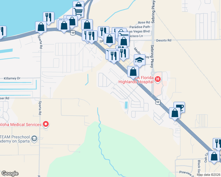 map of restaurants, bars, coffee shops, grocery stores, and more near 5th Street in Sebring