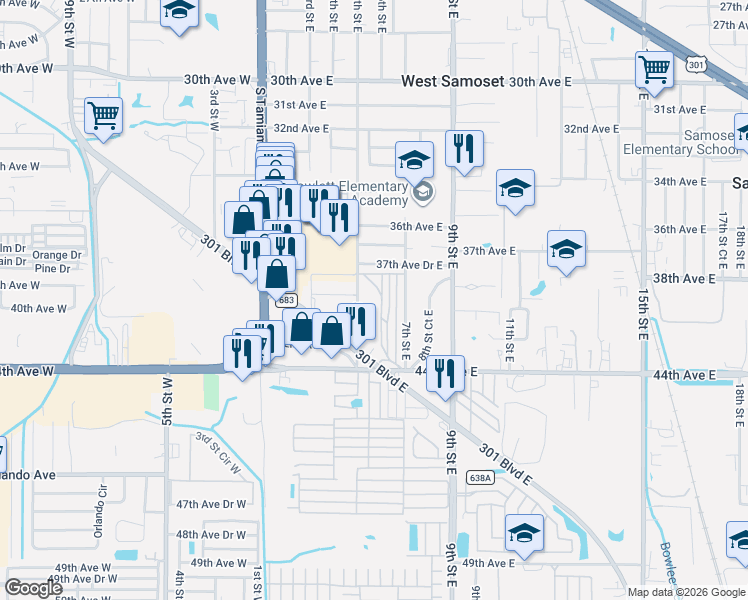 map of restaurants, bars, coffee shops, grocery stores, and more near 3911 5th Street East in Bradenton