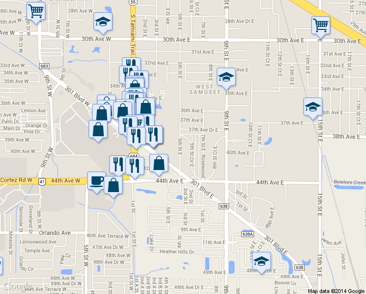map of restaurants, bars, coffee shops, grocery stores, and more near 3911 5th Street East in Bradenton