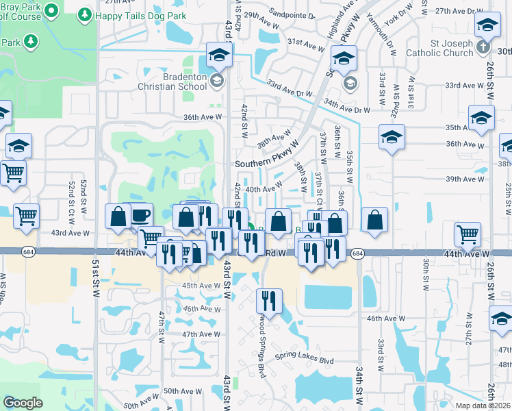 map of restaurants, bars, coffee shops, grocery stores, and more near 4106 40th Street West in Bradenton