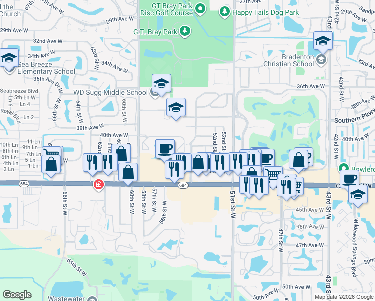 map of restaurants, bars, coffee shops, grocery stores, and more near 5519 Fishermans Drive in Bradenton
