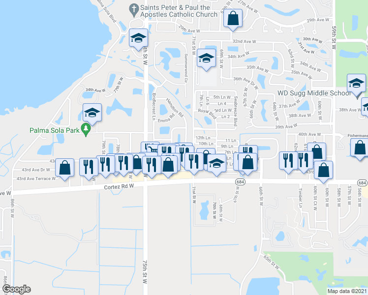 map of restaurants, bars, coffee shops, grocery stores, and more near 4078 Overture Circle in Bradenton