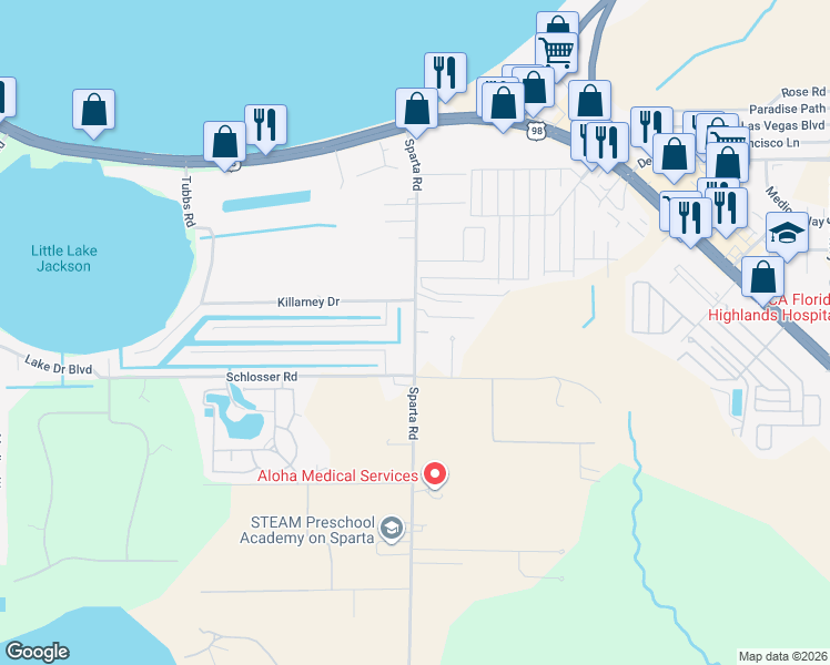 map of restaurants, bars, coffee shops, grocery stores, and more near 3742 Sparta Road in Sebring