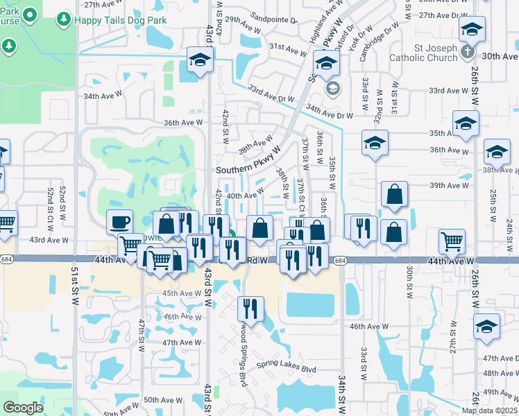 map of restaurants, bars, coffee shops, grocery stores, and more near 3816 42nd Avenue West in Bradenton