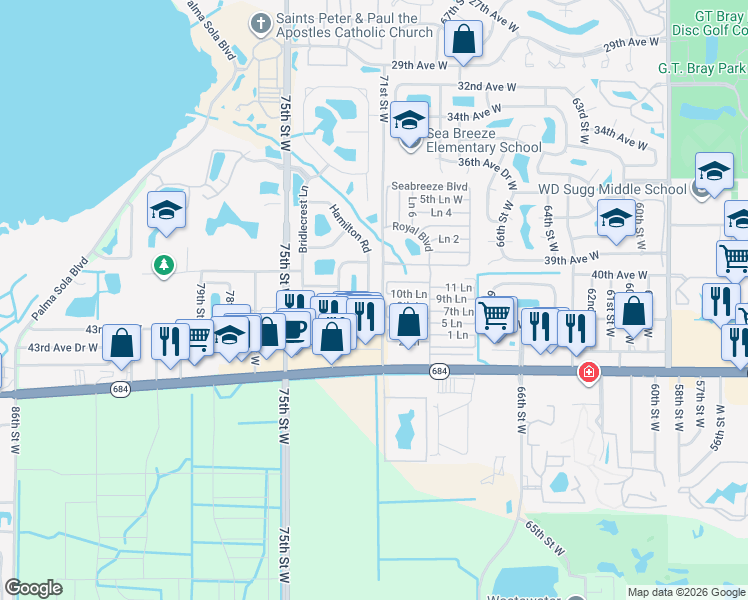 map of restaurants, bars, coffee shops, grocery stores, and more near 4078 Overture Circle in Bradenton