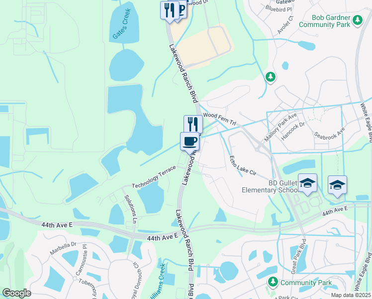 map of restaurants, bars, coffee shops, grocery stores, and more near 10915 Technology Terrace in Bradenton