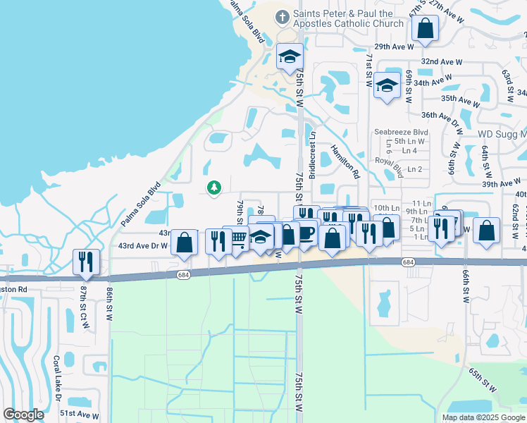 map of restaurants, bars, coffee shops, grocery stores, and more near 4114 78th Street West in Bradenton