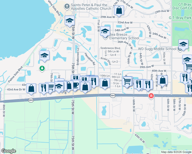 map of restaurants, bars, coffee shops, grocery stores, and more near 4078 Overture Circle in Bradenton