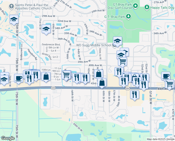 map of restaurants, bars, coffee shops, grocery stores, and more near 4119 63rd Street West in Bradenton