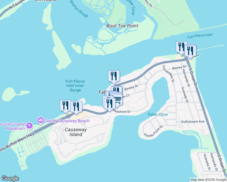 map of restaurants, bars, coffee shops, grocery stores, and more near 1105 Seaway Drive in Fort Pierce