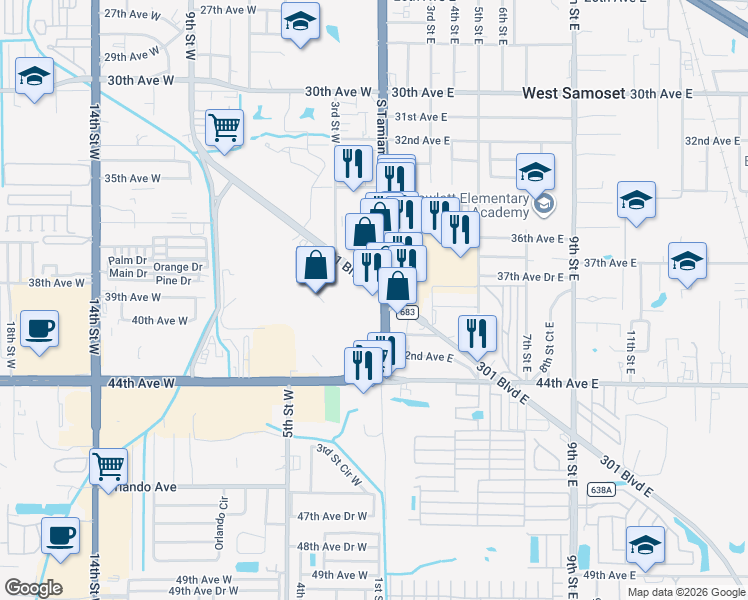map of restaurants, bars, coffee shops, grocery stores, and more near 4001 U.S. 41 in Bradenton