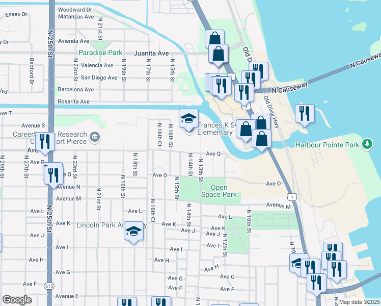 map of restaurants, bars, coffee shops, grocery stores, and more near 1400 Avenue Q in Fort Pierce