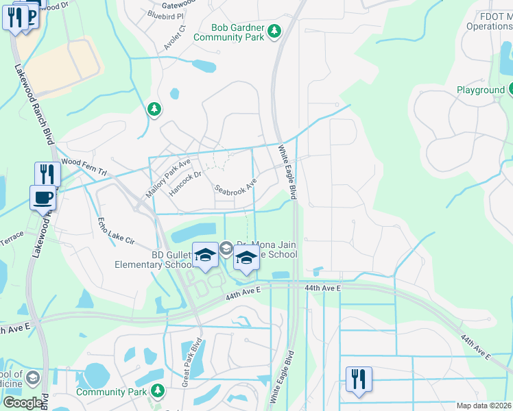 map of restaurants, bars, coffee shops, grocery stores, and more near 12306 Blue Hill Trail in Bradenton