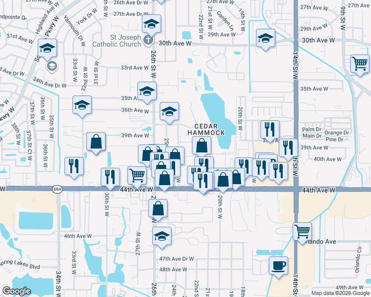 map of restaurants, bars, coffee shops, grocery stores, and more near 4110 24th Street West in Bradenton