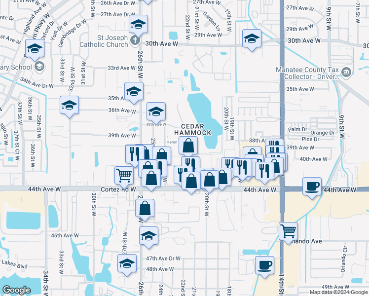 map of restaurants, bars, coffee shops, grocery stores, and more near 4118 Heron Way in Bradenton