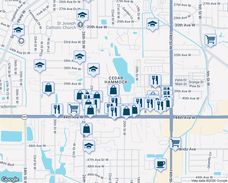 map of restaurants, bars, coffee shops, grocery stores, and more near 4118 Heron Way in Bradenton