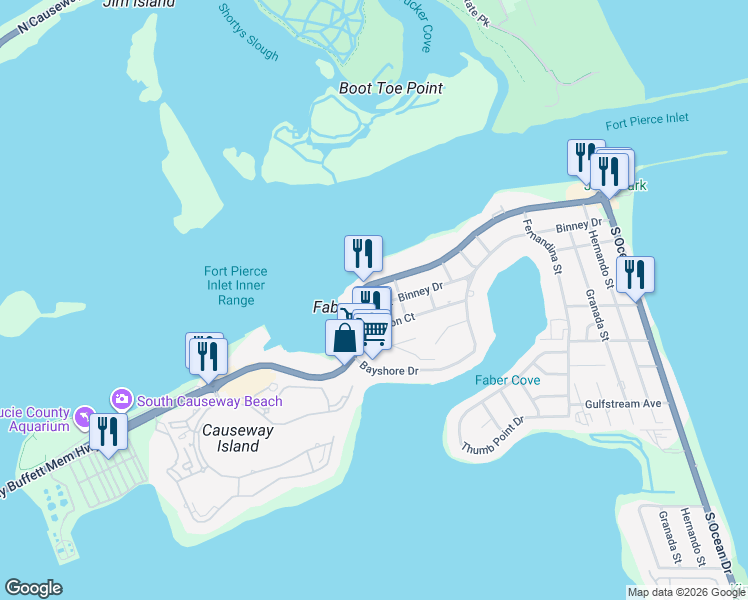 map of restaurants, bars, coffee shops, grocery stores, and more near 1105 Seaway Drive in Fort Pierce