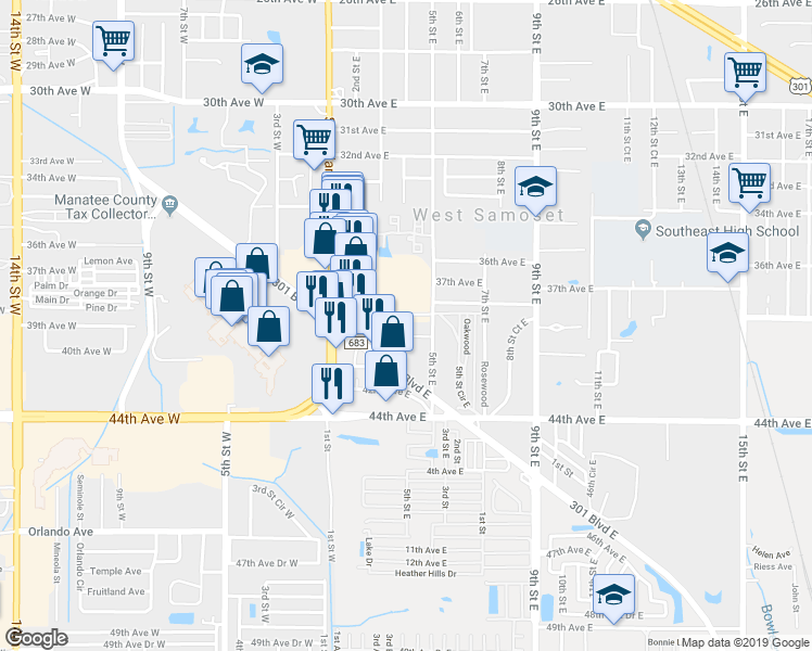 map of restaurants, bars, coffee shops, grocery stores, and more near 4010 5th Street East in Bradenton