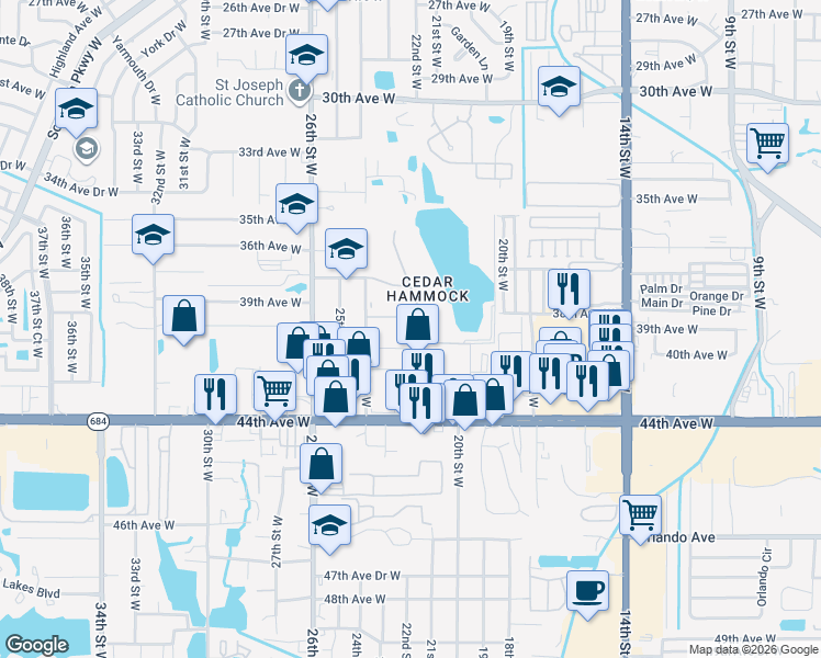 map of restaurants, bars, coffee shops, grocery stores, and more near 4118 Heron Way in Bradenton