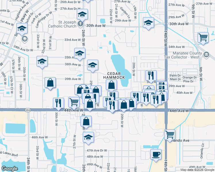 map of restaurants, bars, coffee shops, grocery stores, and more near 4118 Heron Way in Bradenton