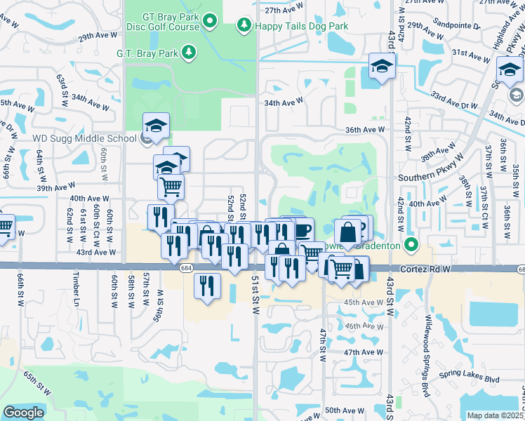 map of restaurants, bars, coffee shops, grocery stores, and more near 4108 51st Street West in Bradenton