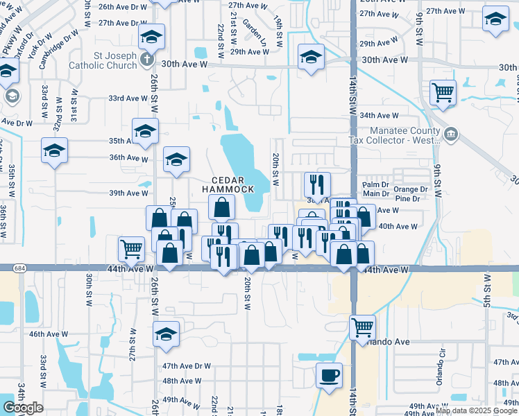 map of restaurants, bars, coffee shops, grocery stores, and more near 4000 20th Street West in Bradenton