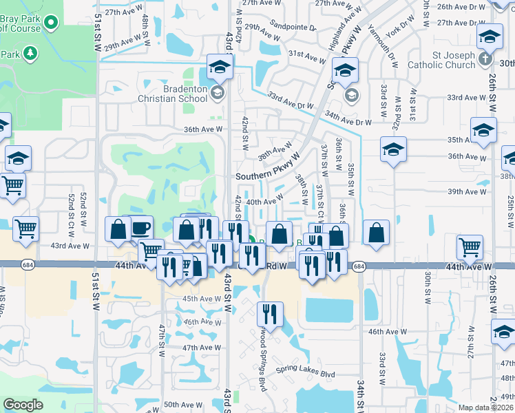 map of restaurants, bars, coffee shops, grocery stores, and more near 4106 40th Street West in Bradenton