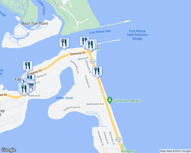 map of restaurants, bars, coffee shops, grocery stores, and more near 355 South Ocean Drive in Fort Pierce