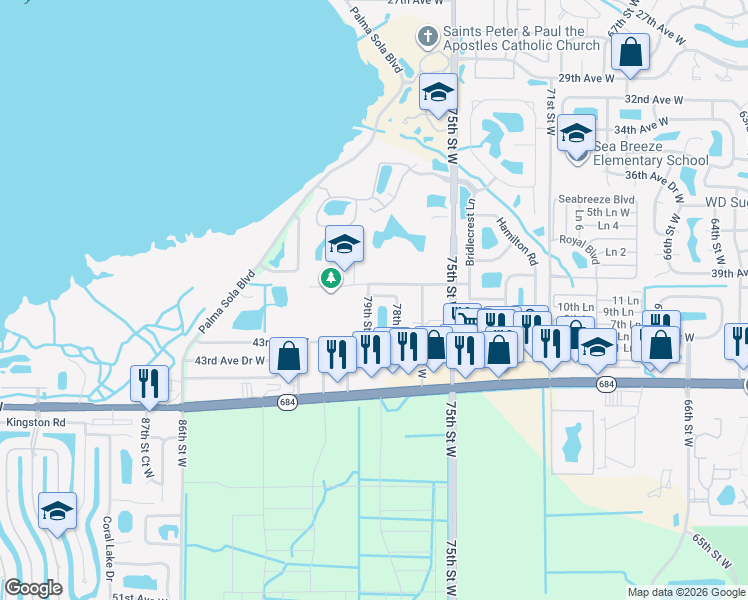 map of restaurants, bars, coffee shops, grocery stores, and more near 3942 75th Street West in Bradenton