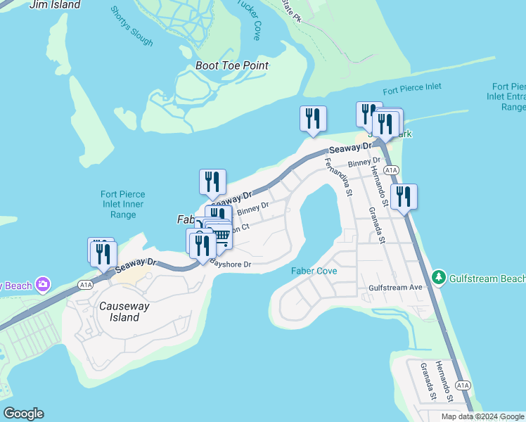 map of restaurants, bars, coffee shops, grocery stores, and more near 1301 Seaway Drive in Fort Pierce