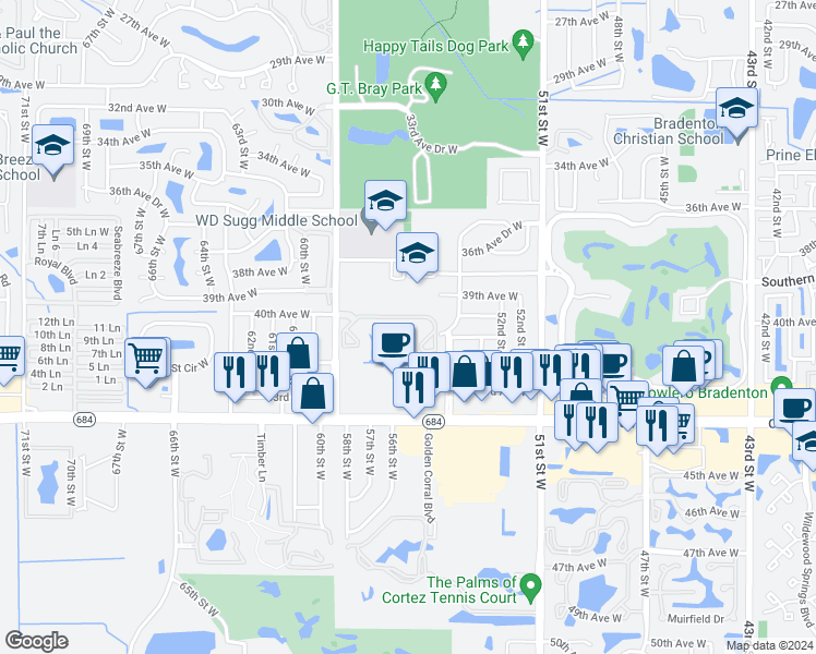 map of restaurants, bars, coffee shops, grocery stores, and more near 5573 Fishermans Drive in Bradenton