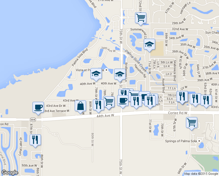 map of restaurants, bars, coffee shops, grocery stores, and more near 7500 40th Avenue West in Bradenton